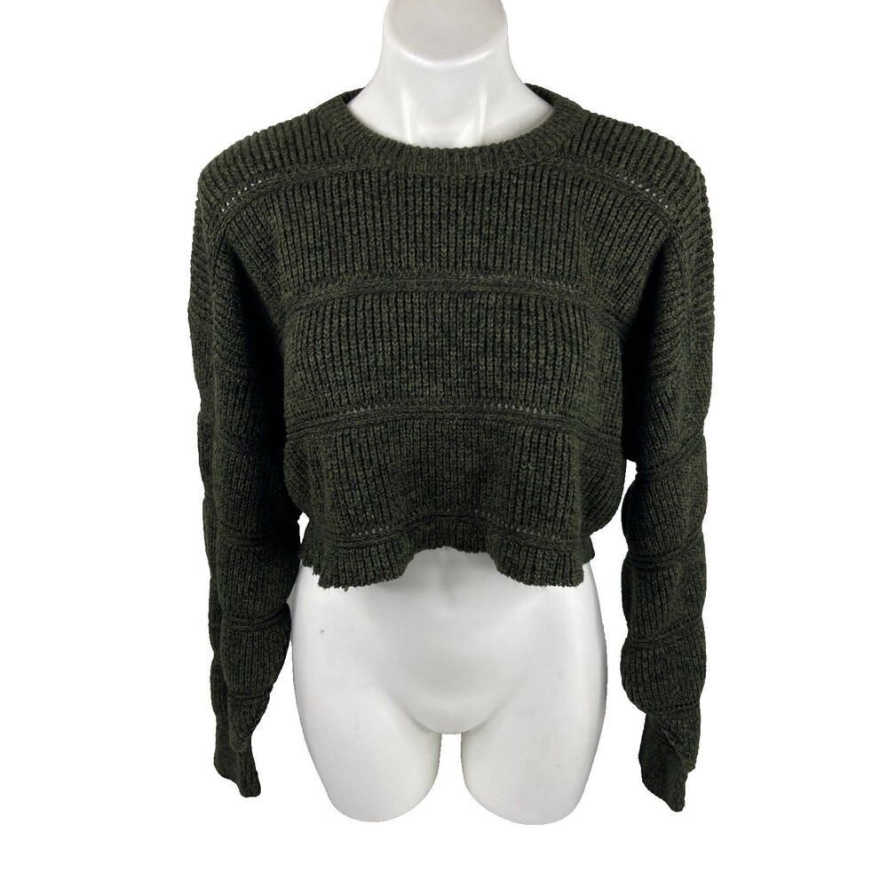 Checkpoint Women Large Green Sweater Cropped Long Sleeve Casual Ribbed